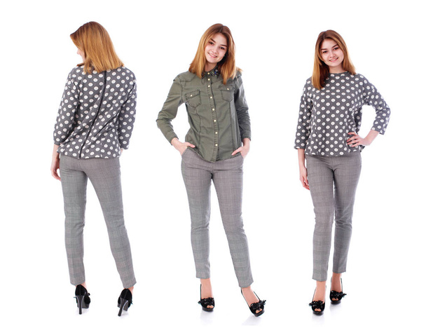 Fashion collage three young girls. Young beautiful models in gray trousers and green shirt, isolated on white backgroun - Foto, immagini