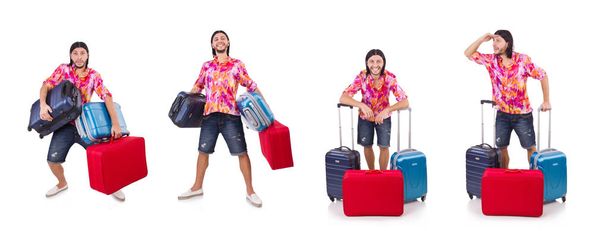 Hombre viajando con maletas aisladas en blanco - Foto, Imagen