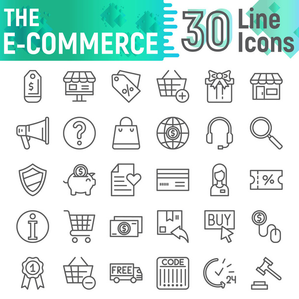 Εικονίδιο γραμμής E-commerce οριστεί, ψώνια συλλογή σύμβολα, διάνυσμα σκίτσα, εικόνες λογότυπο, Αγοράστε πινακίδες Γραμμικής εικονογράμματα πακέτο απομονωθεί σε λευκό φόντο, eps 10. - Διάνυσμα, εικόνα