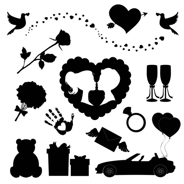 14 編集いっぱいバレンタイン シルエット サインのベクトル愛のアイコン セット。テディベア, 心, 矢印ハート、バラ、カップル、ちょうど結婚されていた車、風船、リング、開いた手のひらにキス メガネ ハト風船 - ベクター画像