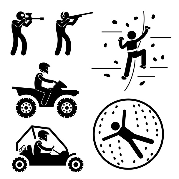 Крайне жесткая игра для человека Пейнтбол глины Стрельба рок восхождения Quad велосипед Zorb Ball Sport Stick Фигура Пиктограмма икона
 - Вектор,изображение