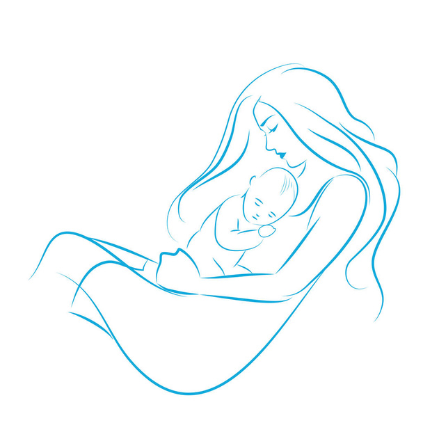 Mère aux cheveux longs embrassant son fils sur sa poitrine. Croquis à la ligne dessinée main de baie, isolé sur fond blanc
. - Vecteur, image