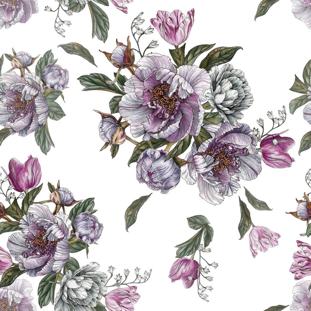 Floral seamless pattern with watercolor peonies and tulips - Fotoğraf, Görsel