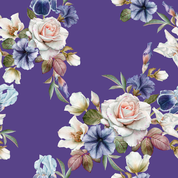 Padrão sem costura floral com petúnias, heléboros, rosas e íris
 - Foto, Imagem
