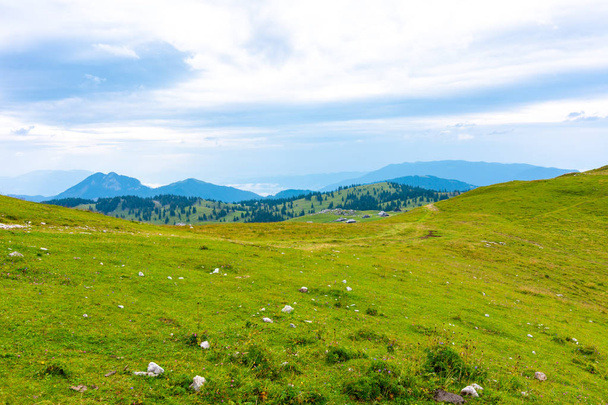 Slovenia velika planina (big plateau), agriculture pasture land near city Kamnik in Slovenian Alps. Wooden houses on green land used by herdsmen. Mountain village with big pasture plateau - Foto, Imagem