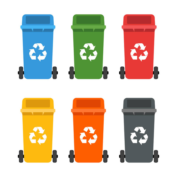 Conjunto de contenedores de colores. Cubos de basura. Concepto de ecología y reciclaje
 - Vector, imagen