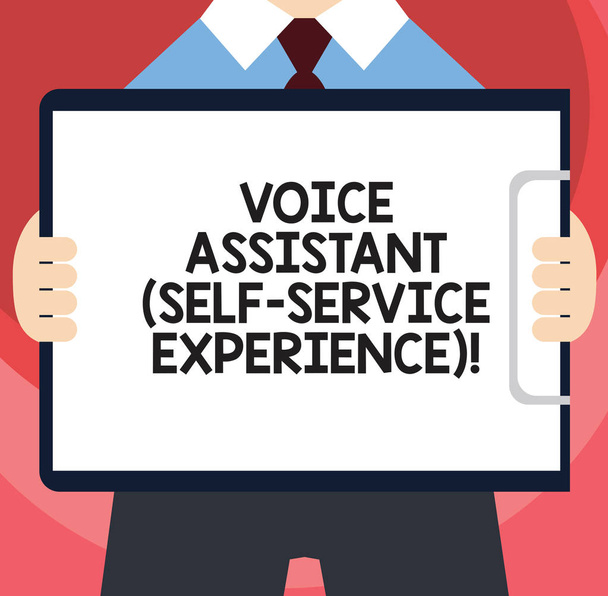 Handwriting text writing Voice Assistant Self Service Experience. Concept meaning Artificial intelligence chat bot Man in Suit Standing Holding Horizontally Clipboard with Blank Paper. - Photo, Image