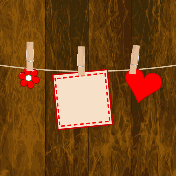 Note paper, flower and heart on the wooden background with clothespins - Διάνυσμα, εικόνα