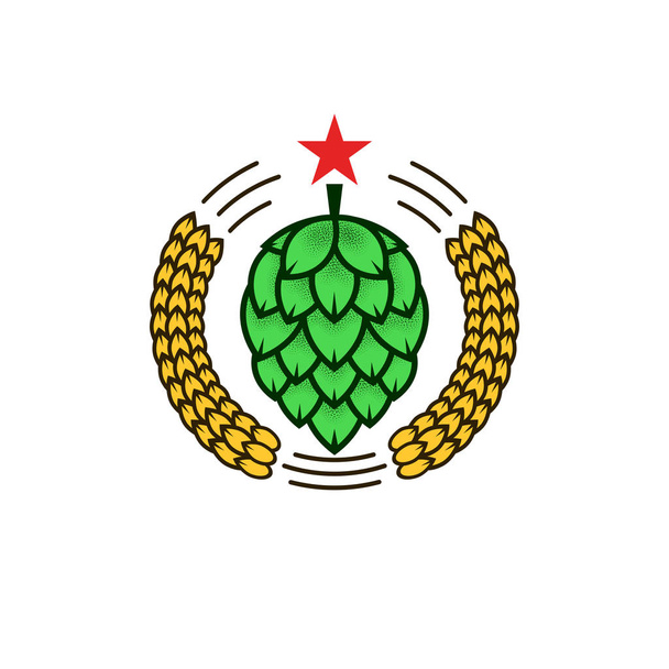 Натуральный логотип пива ремесла или логотип виски, креативная эмблема круглого гребня пивоварни, зеленый хмель и желтая пшеница с изображением красной звезды вектор
 - Вектор,изображение