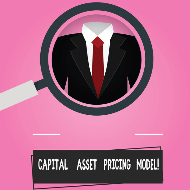 Text sign showing Capital Asset Pricing Model. Conceptual photo Financial analysisagement business strategies Magnifying Glass photo Enlarging Inspecting a Tuxedo and Label Tag Below. - Photo, Image