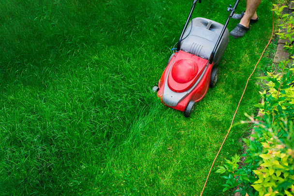 Vista dall'alto sulla falciatura dell'erba. Il giardiniere falcia l'erba con un falciatore elettrico rosso. Lavoro in giardino, pulizie primaverili. Cura del giardino e dell'erba
. - Foto, immagini