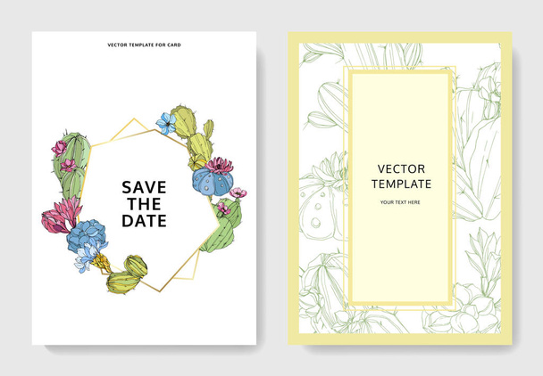 Vector Cacti flower. Engraved ink art. Wedding background. Thank you, rsvp, invitation card illustration graphic banner. - Vector, Image