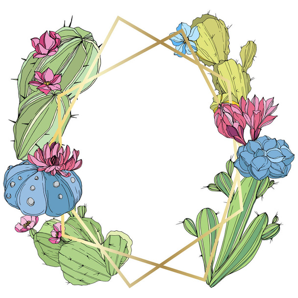 Vector Cacti flower. Wild spring leaf wildflower isolated. Engraved ink art. Frame border ornament square. - ベクター画像