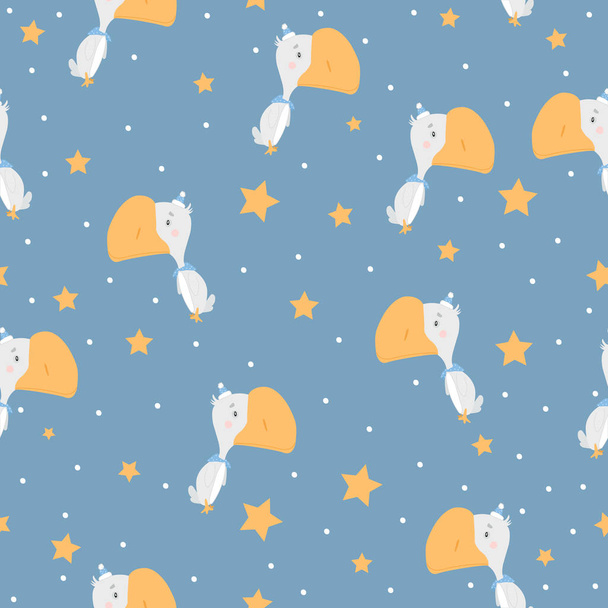 Seamless pattern with cute bird and night stars. For printing on textiles. Hand-drawn. - Вектор, зображення