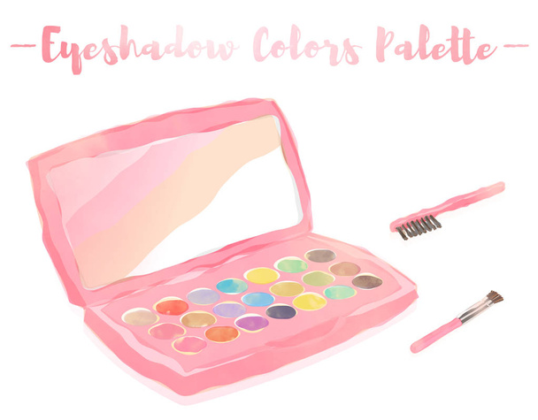 pink watercolored painting vector illustration of a beauty utensil eye shadow colors box palette with a mirror. - Vector, Image