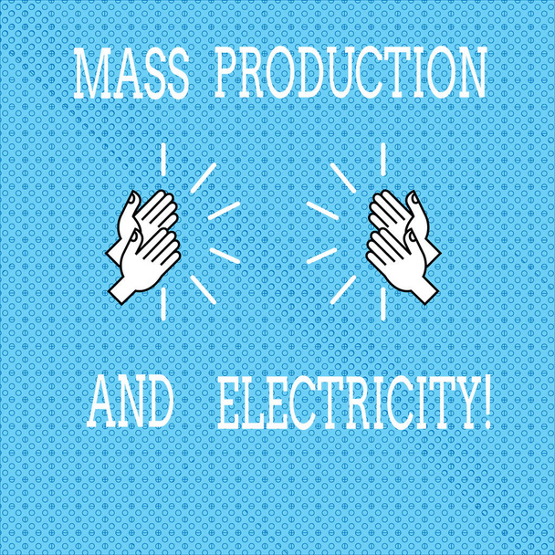 Text sign showing Mass Production And Electricity. Conceptual photo Industrial electrical power supply Drawing of Hu analysis Hands Clapping with Sound icon on Seamless Tiny Circles. - Photo, Image