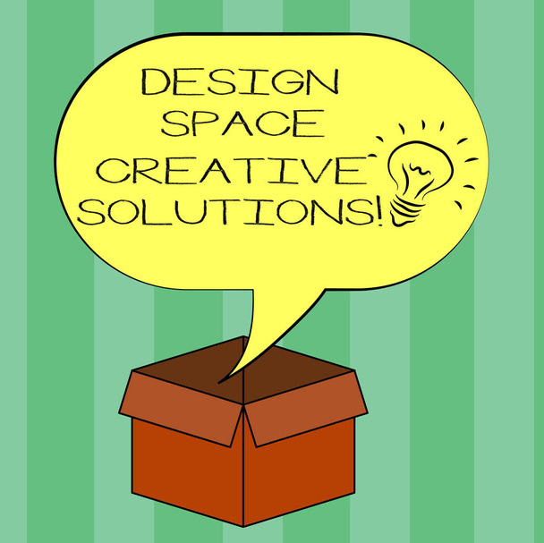 Handwriting text writing Design Space Creative Solutions. Concept meaning Creativity innovative ideas inventions Idea icon Inside Blank Halftone Speech Bubble Over an Open Carton Box. - Photo, Image