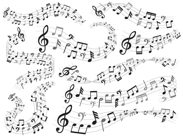 Musical notes. Music note swirl, melody pattern and sound waves with notes vector illustration set - Vector, imagen