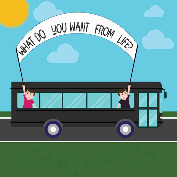 Текст почерка What Do You Want From Lifequestion. Понятие "экспресс" означает то, что вы хотите, чтобы двое детей внутри школьного автобуса держали плакат с палкой в дневной поездке
. - Фото, изображение