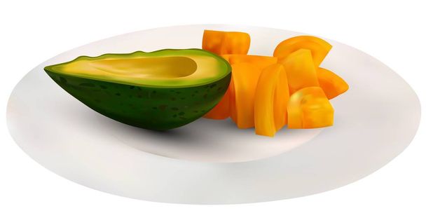 Ρεαλιστική πράσινα αβοκάντο και κίτρινο ντομάτες σε ένα πιάτο. Εικονογράφηση διάνυσμα. Αβοκάντο εξωτικά εξωτικών φρούτων αειθαλή φυτά. Κίτρινο ντομάτες είναι τα πιο πολύτιμα λαχανικά - Διάνυσμα, εικόνα