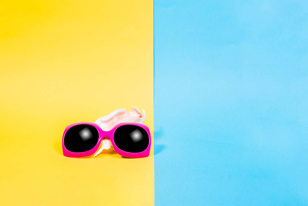 Sunglasses and seashell. Summer is coming concept. Minimal style, minimalist photography. Side view of seashell on colorful paper backdrop. Yellow, pink and blue pastel colors. - Photo, Image