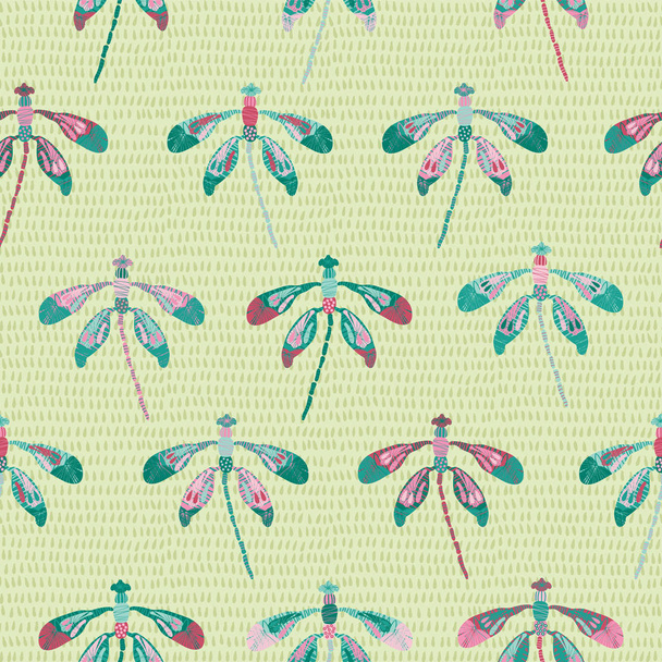 Kokoelma värikkäitä sudenkorentoja järjestetty rivejä pisara rakenne tausta folk art tyyliin. Saumaton toistovektorikuvio. Ihanteellinen sisustus, vaatteet, lapset, paperi tavarat, pakkaus
. - Vektori, kuva