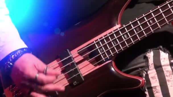 bass guitar in live action at a concert - rack focus - close up - Footage, Video