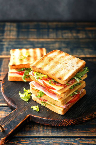 voileipiä grillattua paahtoleipää kinkku salami juusto tomaatit ja salaatti
 - Valokuva, kuva