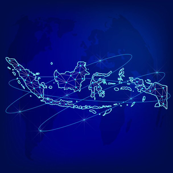 Maailmanlaajuinen logistiikkaverkosto. Viestintäverkko kartta Indonesia taustalla. Indonesian kartta, jossa on monikulmion muotoisia solmuja. Vektorikuvaus EPS10
. - Vektori, kuva