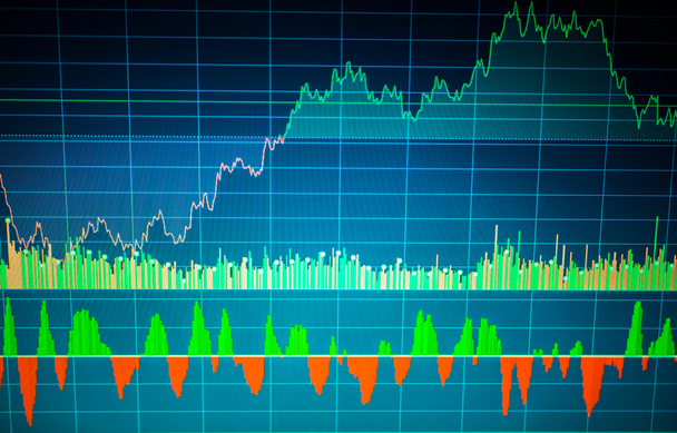 График фондового рынка, график на синем фоне. График фондового рынка на экране. Биржевой граф
 - Фото, изображение