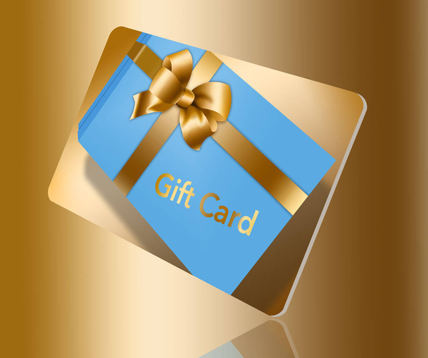 Aquí hay una tarjeta de regalo con un diseño de caja de regalo que incluye un lazo de oro y cinta. Esta es una ilustración.
. - Foto, imagen