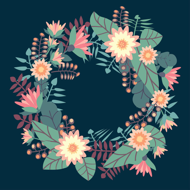 Leaves and flowers in flat style as round frame on dark blue. - Vector, Imagen