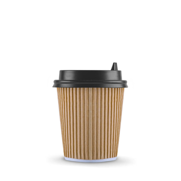 Kraft paper cup of coffee with a black lid on a white background - Fotoğraf, Görsel