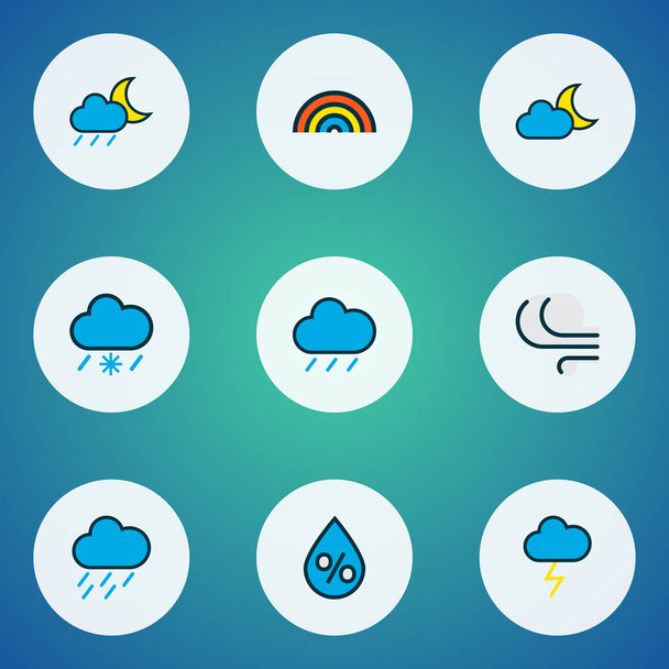Climate icons colored line set with thunderstroke, frosty, moonbeam and other rainbow elements. Isolated vector illustration climate icons. - Vector, Image