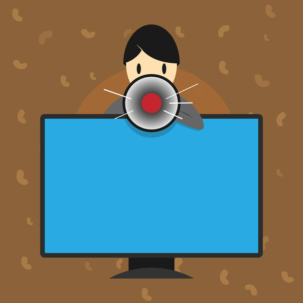 Flat design business Vector Illustration concept Empty template copy space text for Ad website esp isolated 3d isometric Man Standing Behind mounted PC Monitor Screen Talking and Holding Megaphone - Vector, Image