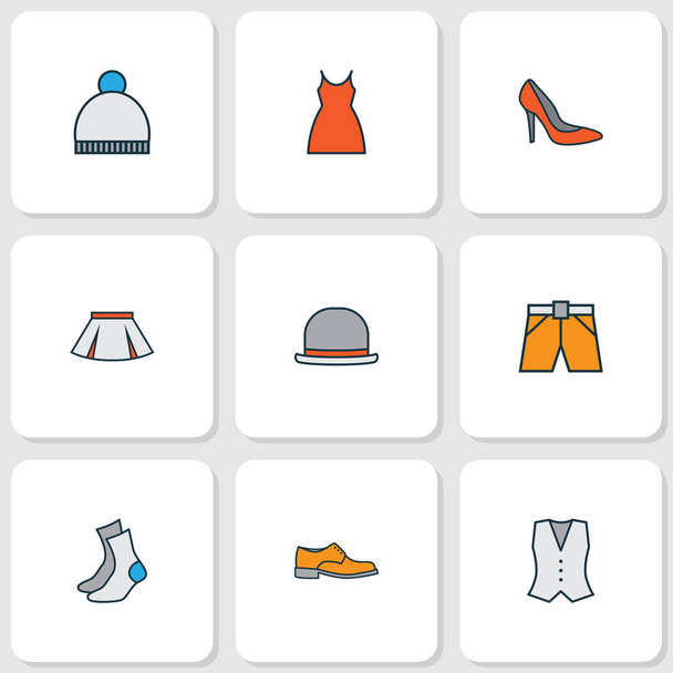 Oblečení ikony barevné čáry s vestou, mini, šaty a další prvky, šortky. Izolované ilustrace oblečení ikony. - Fotografie, Obrázek