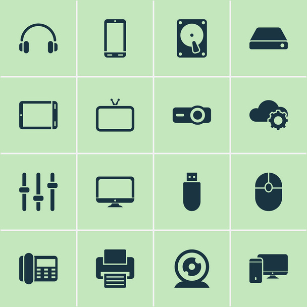 Gerätesymbole mit Festplatte, Kopfhörer, Monitor und anderen Klickelementen. isolierte Illustration Gerät Symbole. - Foto, Bild
