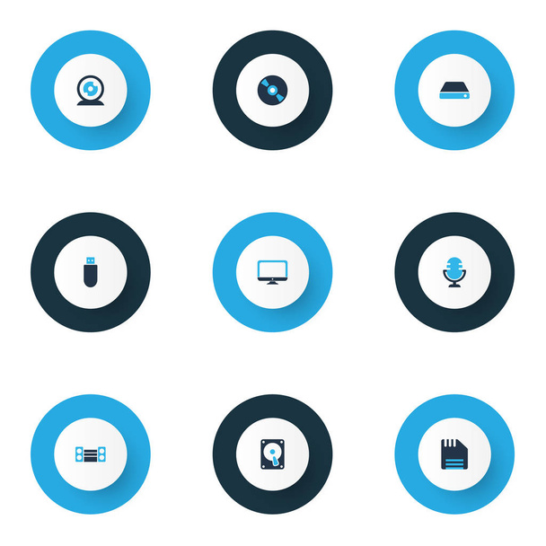 Conjunto de iconos de gadget de color con unidad flash, hdd, disquete y otros elementos hdd. Iconos de gadget de ilustración aislados
. - Foto, Imagen