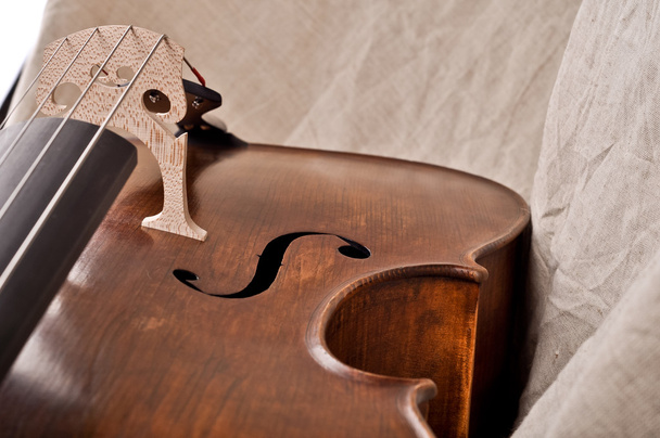 Fragment of a cello isolated on beige background - Fotoğraf, Görsel