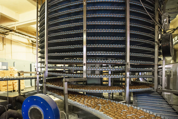 Voedingsindustrie. Automatische bakkerij productielijn met zoete cookies op transportband riem apparatuur machines in suikergoed fabriek werkplaats, industriële voedselproductie - Foto, afbeelding