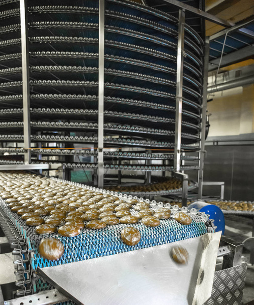 Industria alimentare. Linea automatica di produzione di prodotti da forno con biscotti dolci su macchine per nastri trasportatori nell'officina di pasticceria, produzione alimentare industriale
 - Foto, immagini