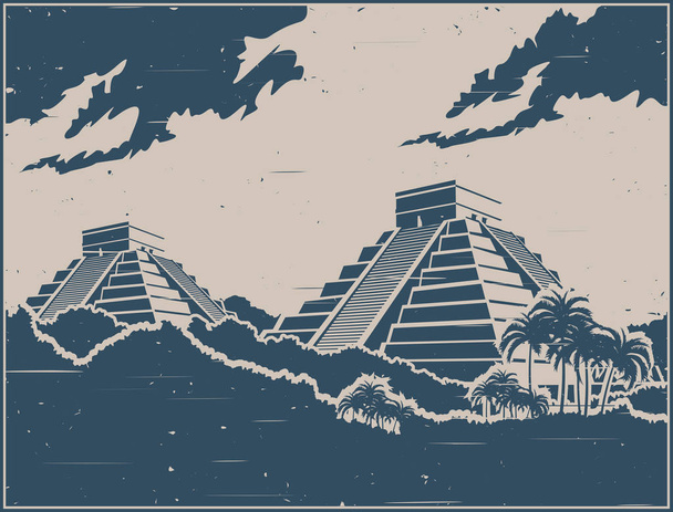 Stylized vector illustration of ancient Mayan pyramids in the jungle in retro poster style - Vector, Image