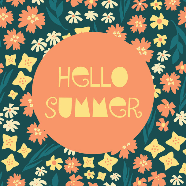 Γεια σας καλοκαίρι εικονογραφημένα θηλυκή διάνυσμα banner κολάζ στυλ με κείμενο, πολύχρωμο διάφορα λουλούδια μπεζ μπλε Πετρόλ, κίτρινο πορτοκαλί φόντο για εποχιακή ευχετήρια κάρτα για το σχεδιασμό, γυναίκες, κορίτσι, web δημοσίευση - Διάνυσμα, εικόνα