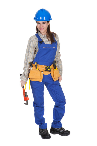 Female Worker Holding Wrench And Toolbox - 写真・画像