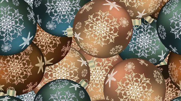 Slavnostní krásné vánoční zimní texturu, dárkové balení bezešvé vzor pro nový rok od vícebarevné kulatá koule, Vánoční ozdoby s vzorem vloček. Vektorový pozadí - Vektor, obrázek
