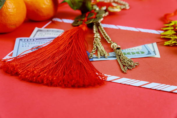 Feliz Año Nuevo Chino dólares americanos con decoraciones tradicionales en tela de fondo rojo con texto y signo
. - Foto, imagen