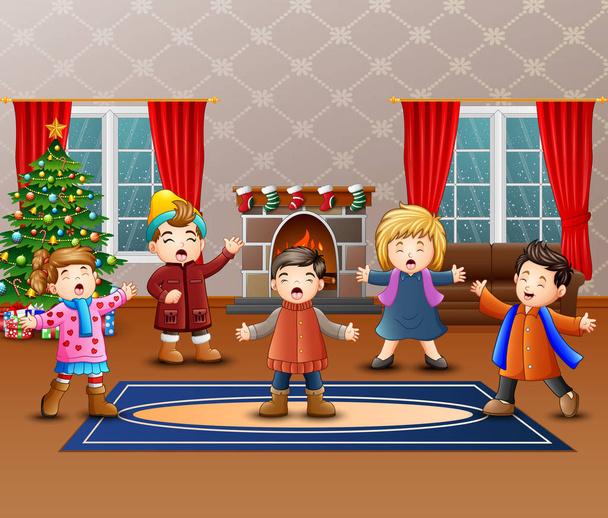 Cartone animato di bambini del gruppo che cantano nel giorno di Natale
 - Vettoriali, immagini