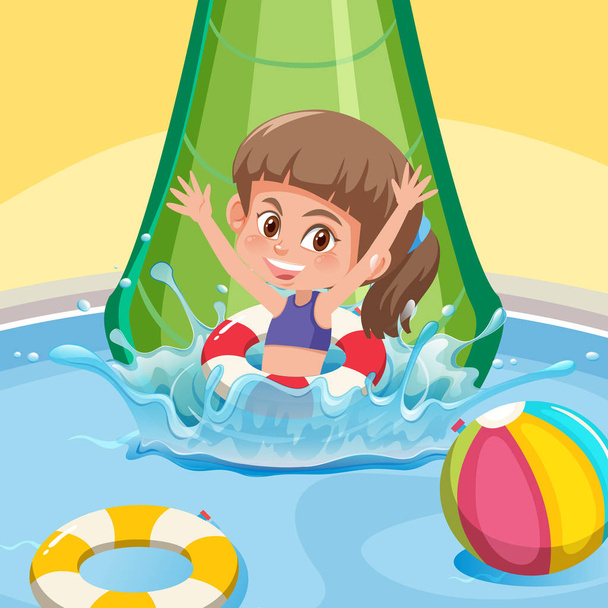 Szczęśliwa dziewczyna wody slajdów ilustrację - Wektor, obraz