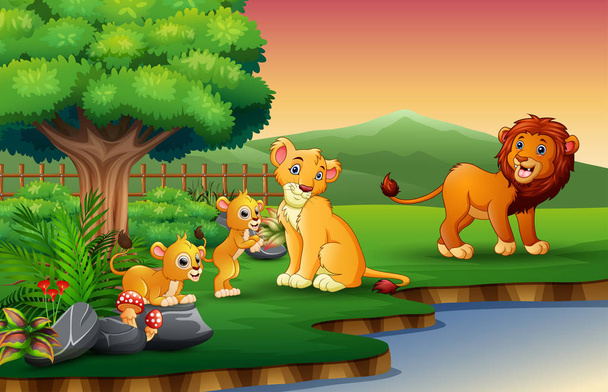Le dessin animé de la famille Lion profite de la nature au bord de la rivière
 - Vecteur, image