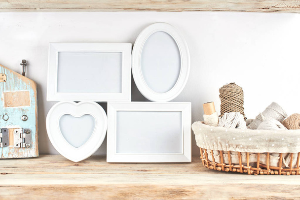 Wooden shelves with decor items. Home interior - Fotografie, Obrázek